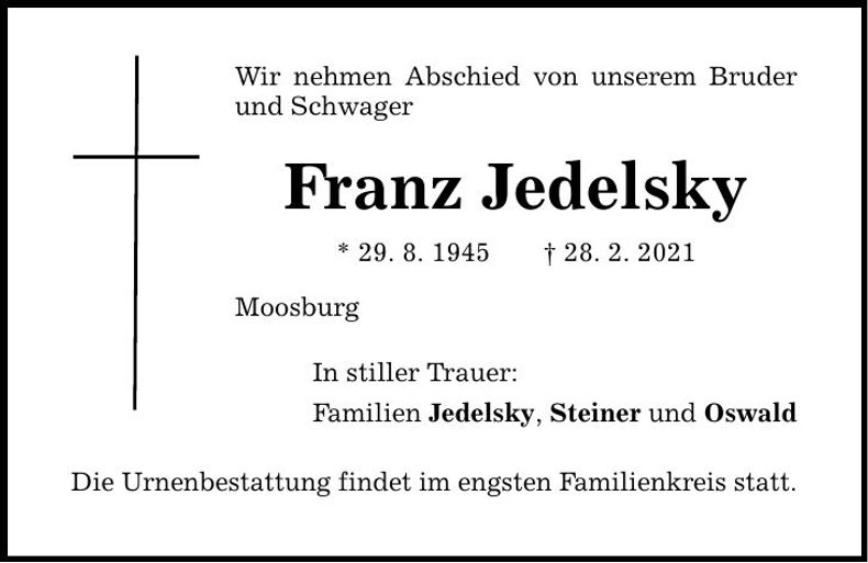 Traueranzeige Franz Jedelsky