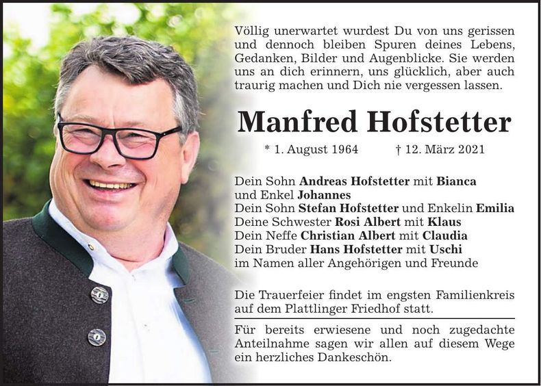 Traueranzeige Manfred Hofstetter