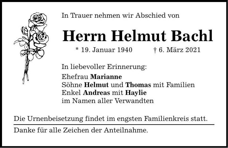 Traueranzeige Helmut Bachl