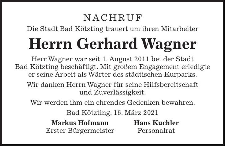 Traueranzeige Gerhard Wagner