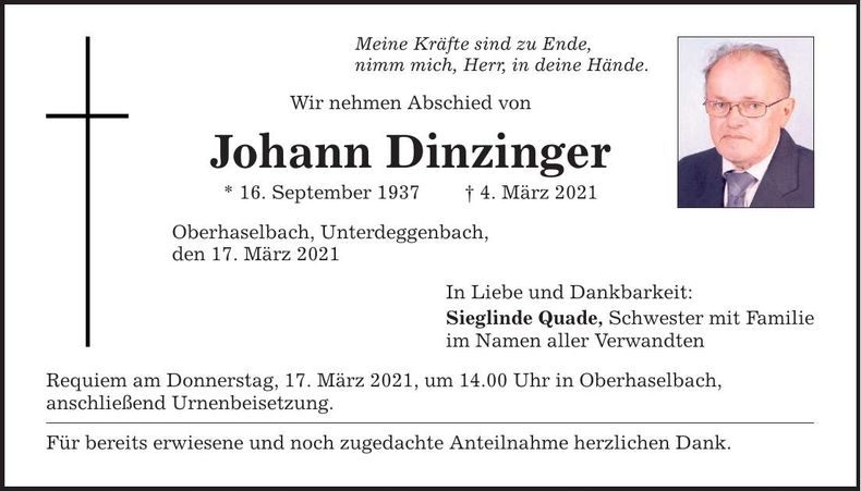 Traueranzeige Johann Dinzinger