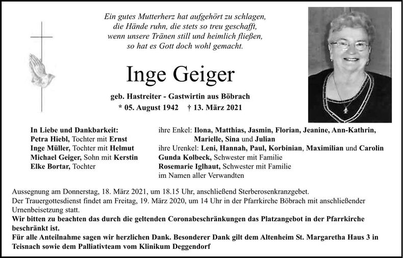 Traueranzeige Inge Geiger