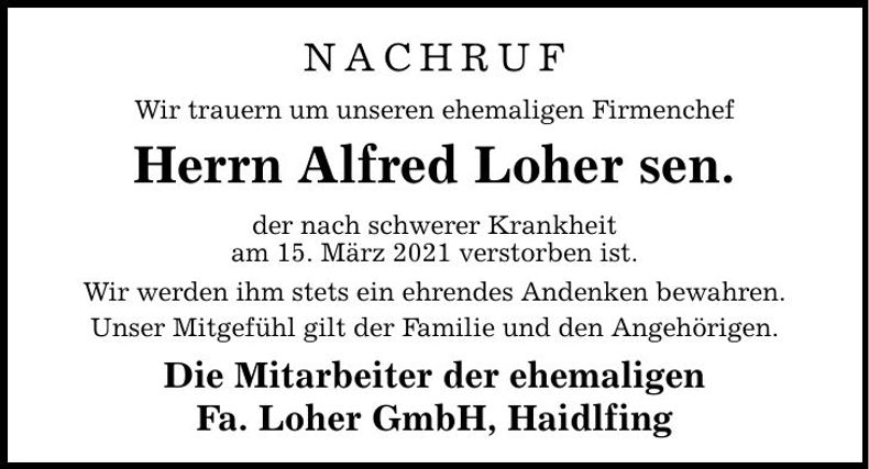 Traueranzeige Alfred Loher