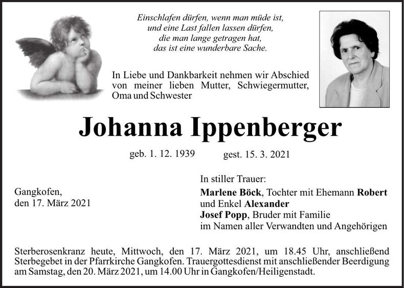 Traueranzeige Johanna Ippenberger