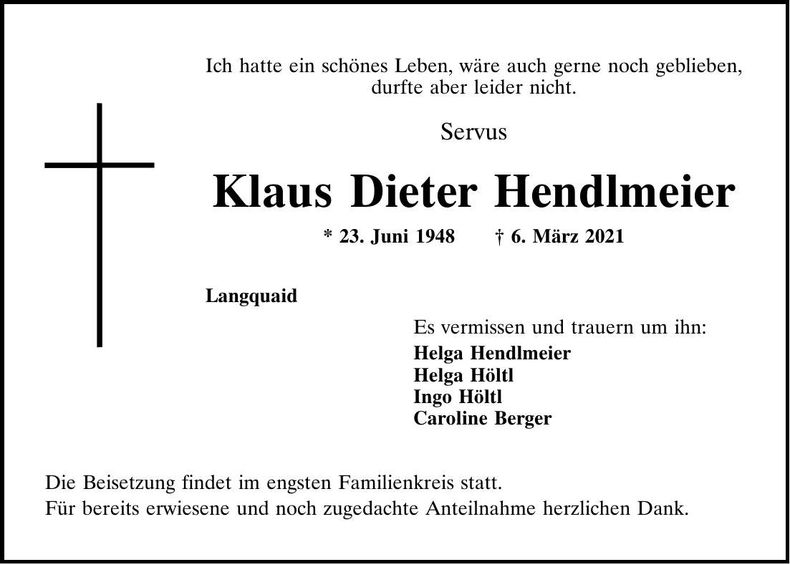Traueranzeige Klaus Hendlmeier