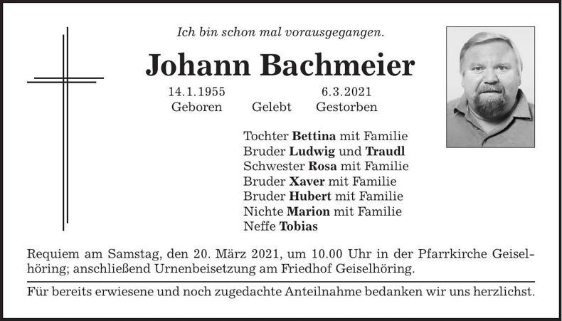 Traueranzeige Johann Bachmeier