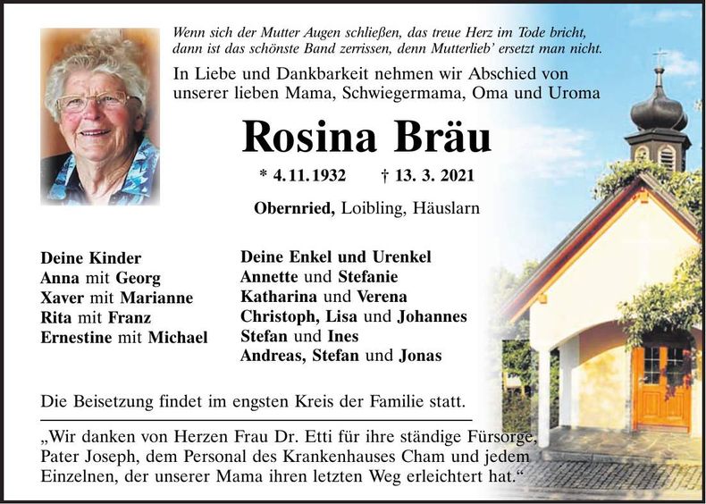 Traueranzeige Rosina Bräu