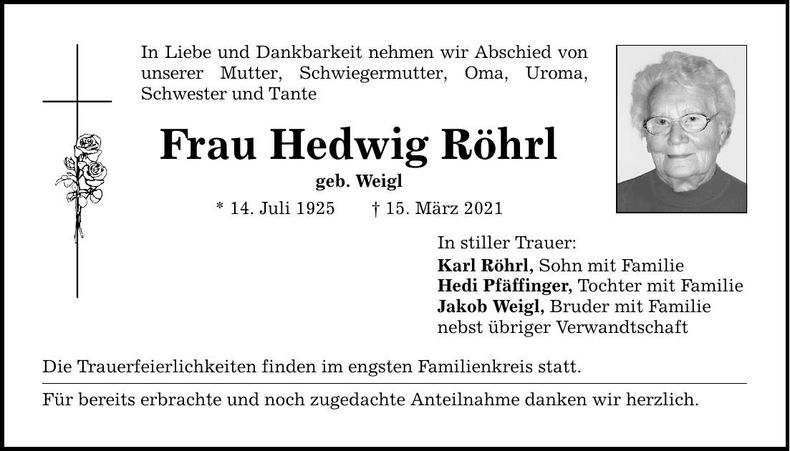 Traueranzeige Hedwig Röhrl