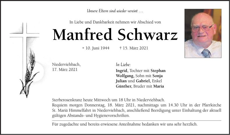 Traueranzeige Manfred Schwarz