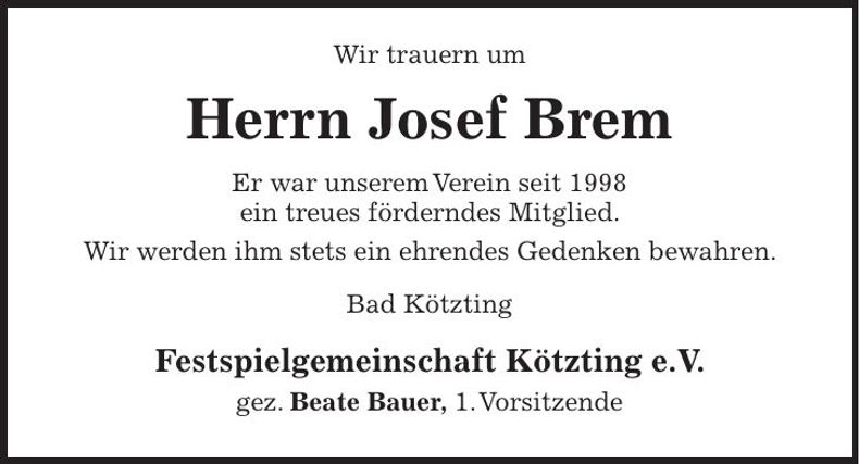 Traueranzeige Josef Brem