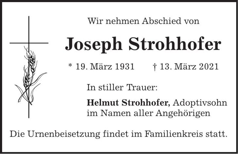 Traueranzeige Joseph Strohhofer