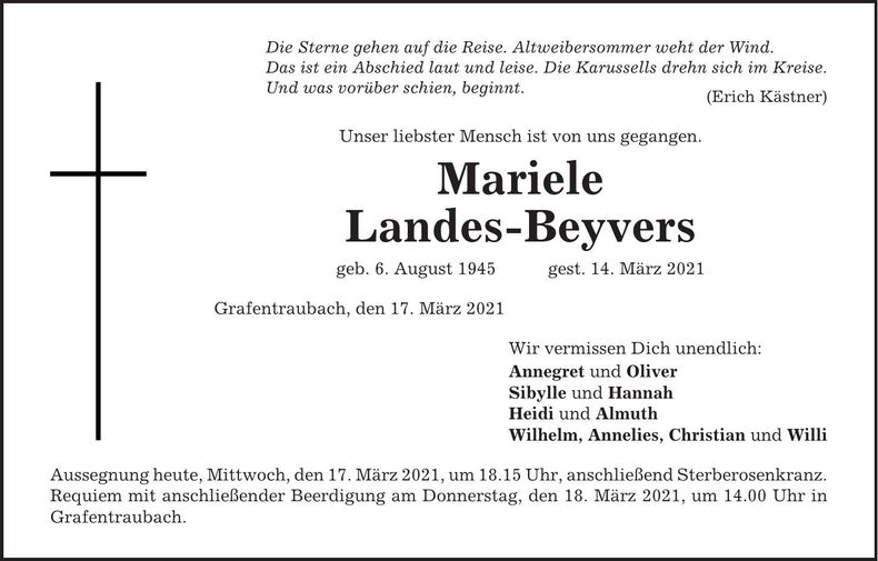 Traueranzeige Mariele Landes-Beyvers