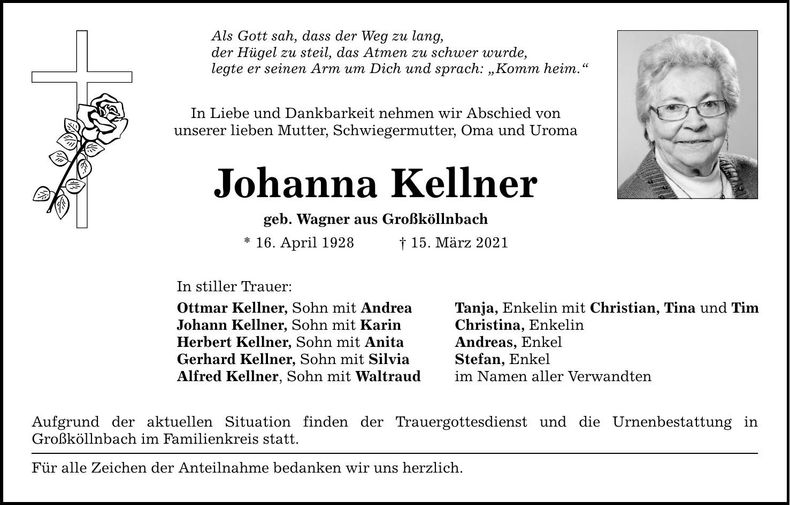 Traueranzeige Johanna Kellner