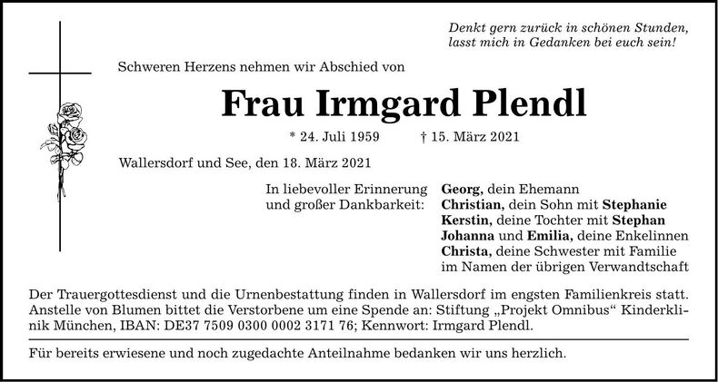 Traueranzeige Irmgard Plendl