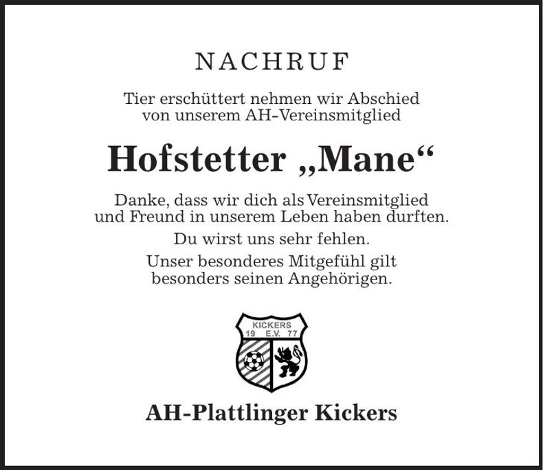 Traueranzeige Manfred Hofstetter