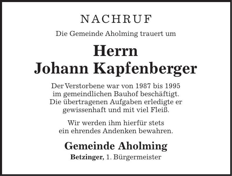 Traueranzeige Johann Kapfenberger