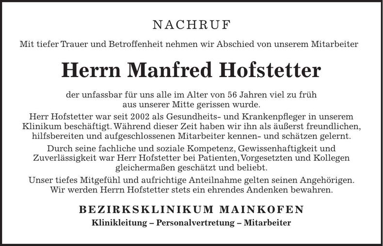 Traueranzeige Hofstetter Manfred