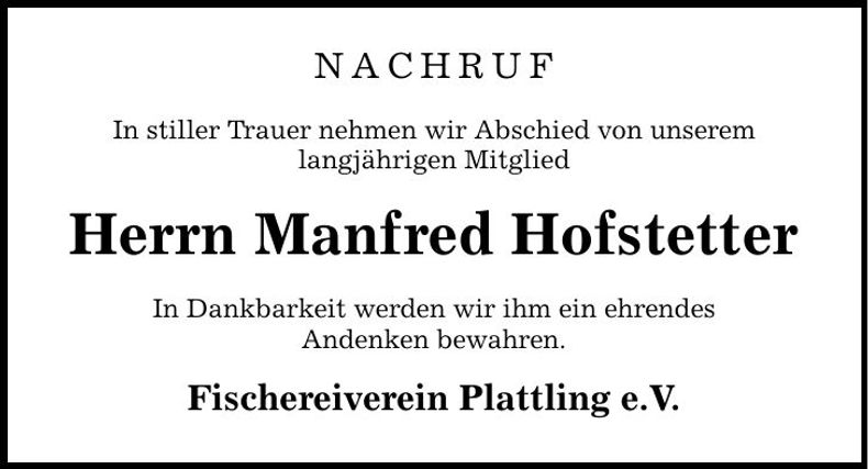 Traueranzeige Manfred Hofstetter