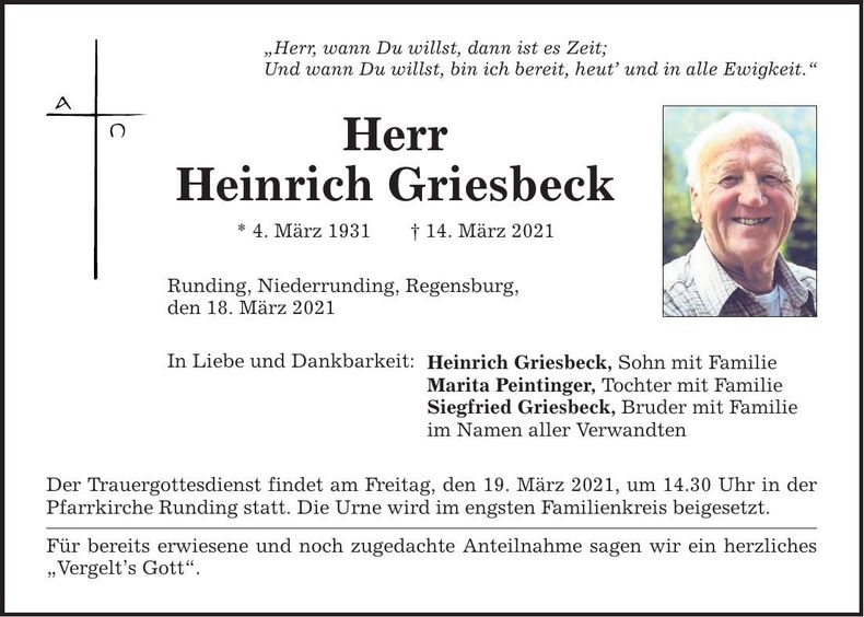 Traueranzeige Heinrich Griesbeck