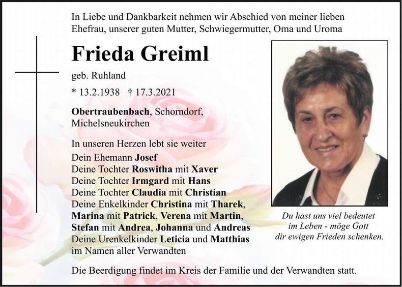 Traueranzeige Frieda Greiml