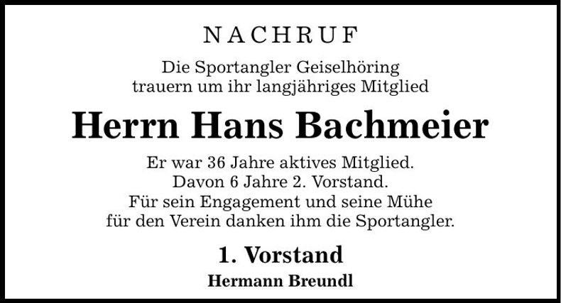 Traueranzeige Hans Bachmeier