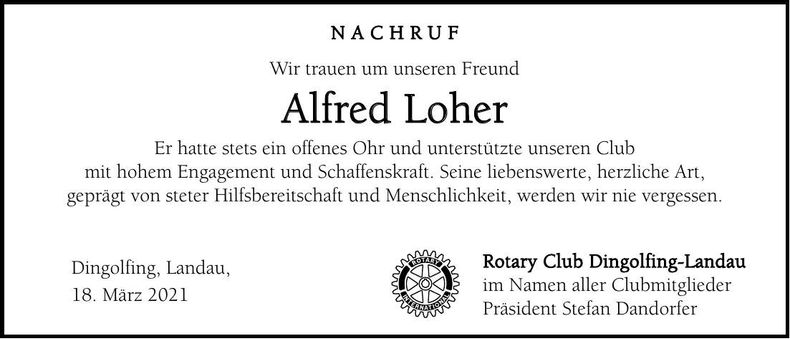Traueranzeige Alfred Loher