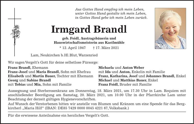 Traueranzeige Irmagard Brandl