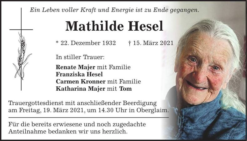 Traueranzeige Mathilde Hesel