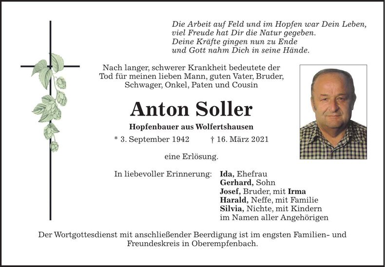 Traueranzeige Anton Soller