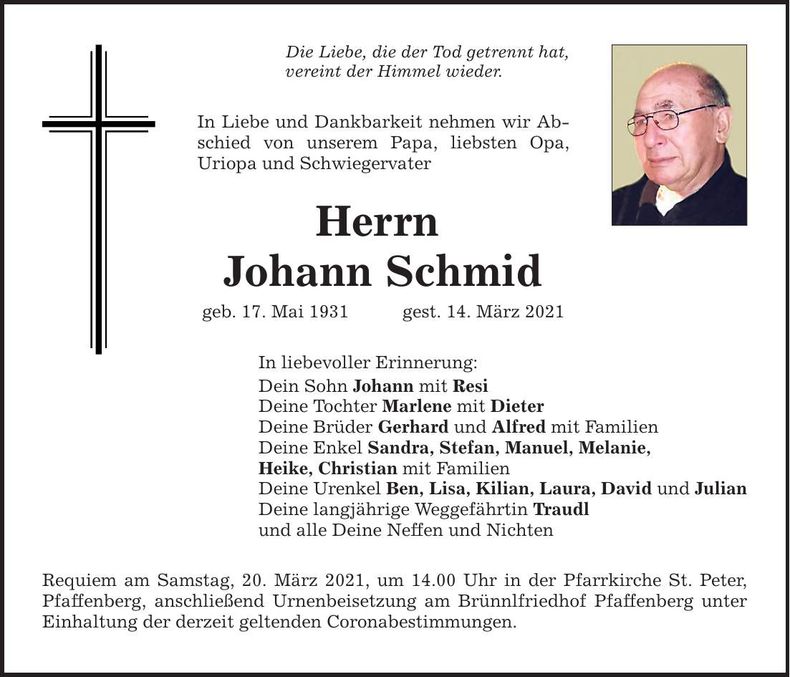 Traueranzeige Johann Schmid