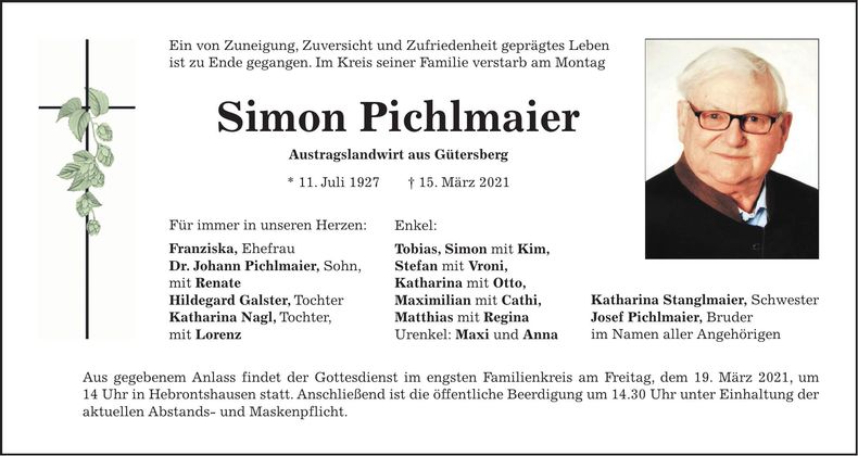 Traueranzeige Simon Pichlmaier