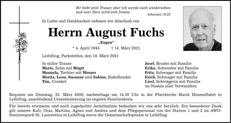 Traueranzeige August Fuchs