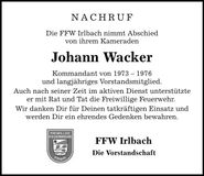Traueranzeige Johann Wacker
