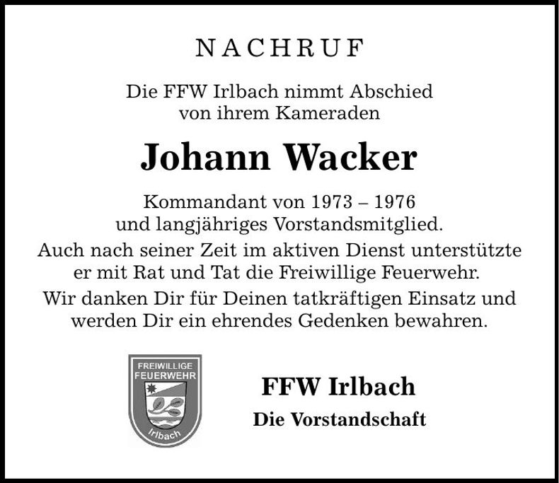 Traueranzeige Johann Wacker