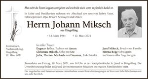 Traueranzeige Johann Miksch