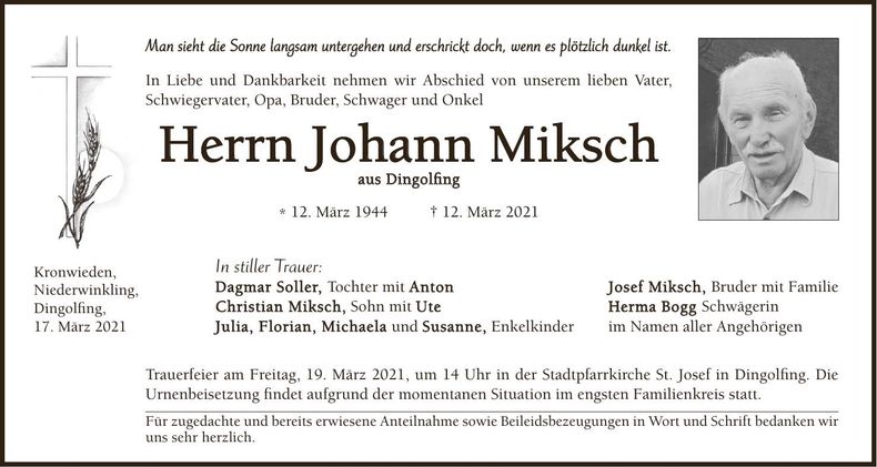 Traueranzeige Johann Miksch