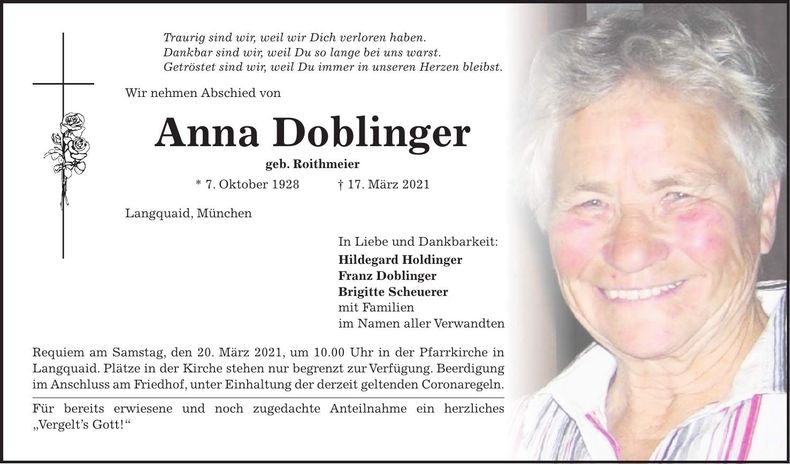 Traueranzeige Anna Doblinger