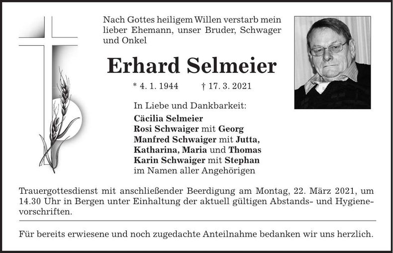 Traueranzeige Erhard Selmeier