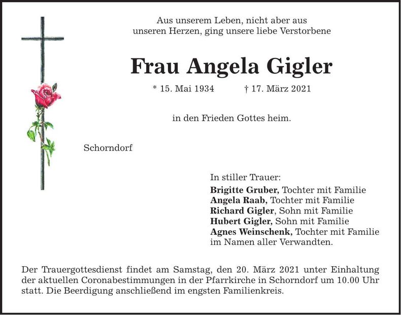 Traueranzeige Angela Gigler