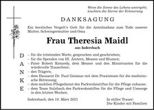 Traueranzeige Theresia Maidl