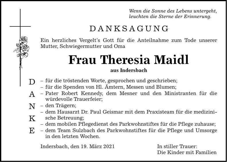Traueranzeige Theresia Maidl