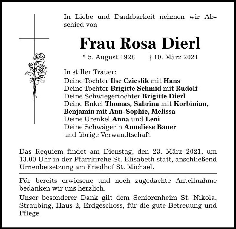 Traueranzeige Rosa Dierl