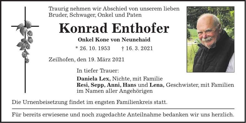 Traueranzeige Konrad Enthofer