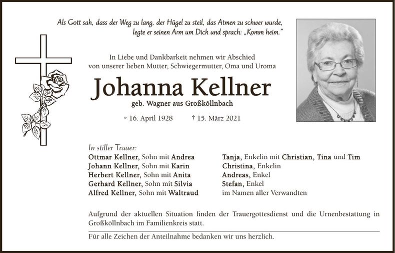Traueranzeige Johanna Kellner