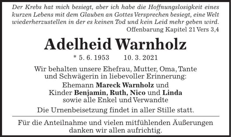 Traueranzeige Adelheid Warnholz