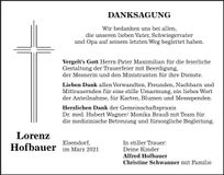 Traueranzeige Lorenz Hofbauer