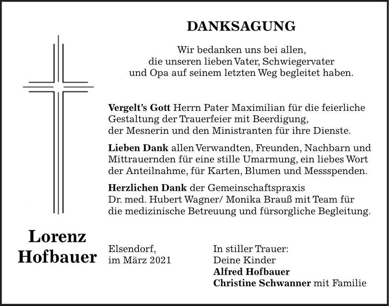 Traueranzeige Lorenz Hofbauer