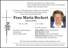 Traueranzeige Maria Beckert