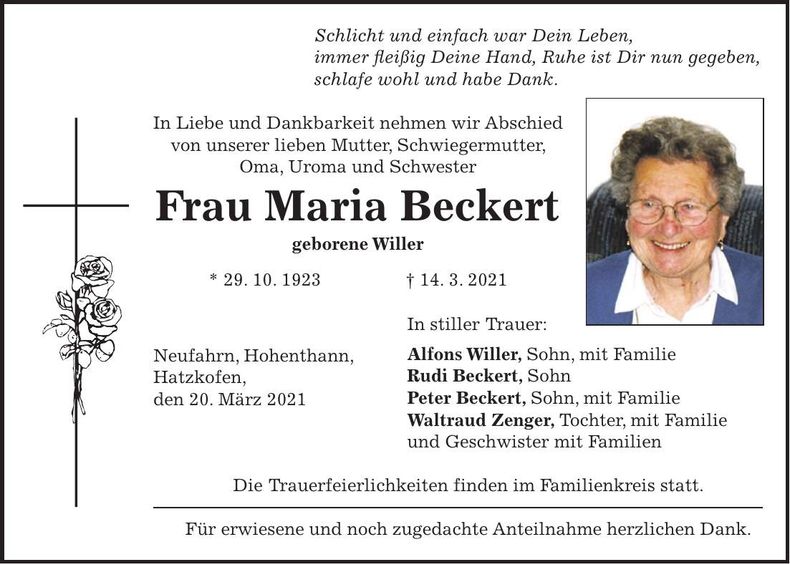 Traueranzeige Maria Beckert