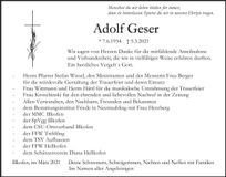 Traueranzeige Adolf Geser